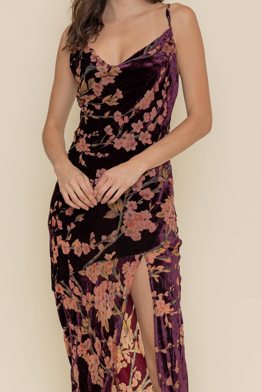 Fore Collection - COWL NECKLINE VELVET FLORAL MAXI DRESS-DI9249FO
