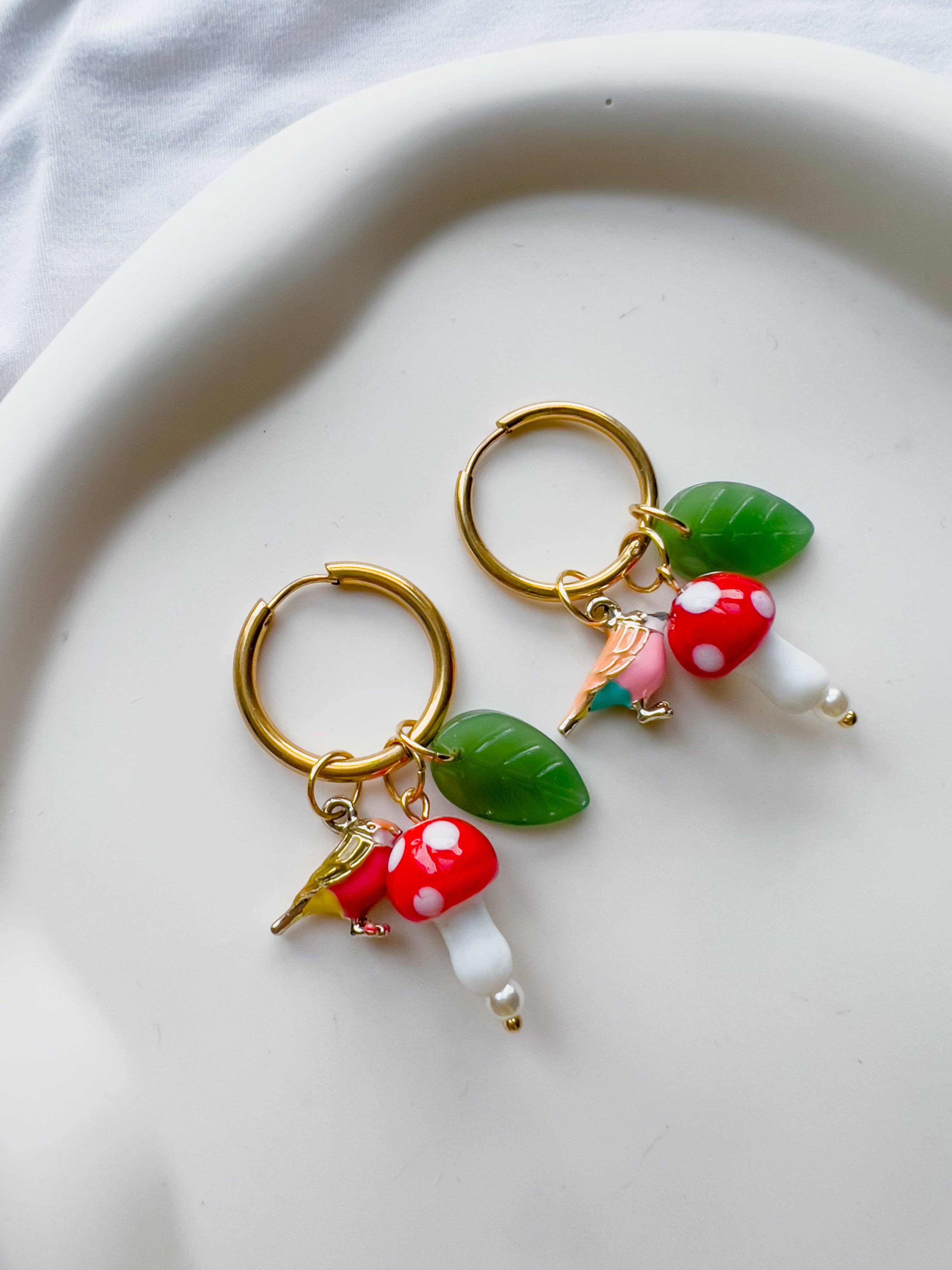 Yellow Dots Studio - Birds and Mushrooms Earrings | Glass Bead Earrings