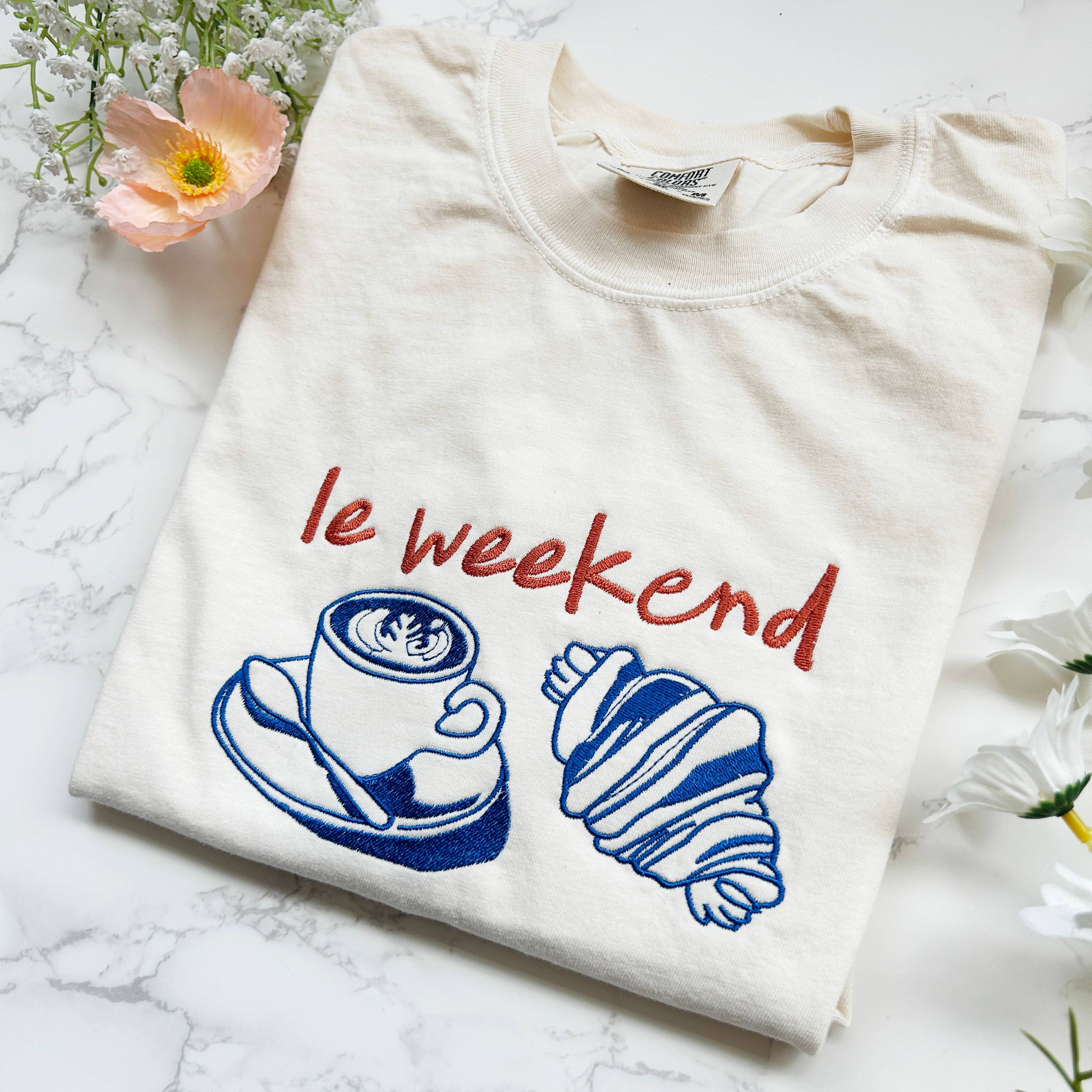 Plantiful Design Co - Embroidered Le Weekend French Coffee & Croissant Shirt