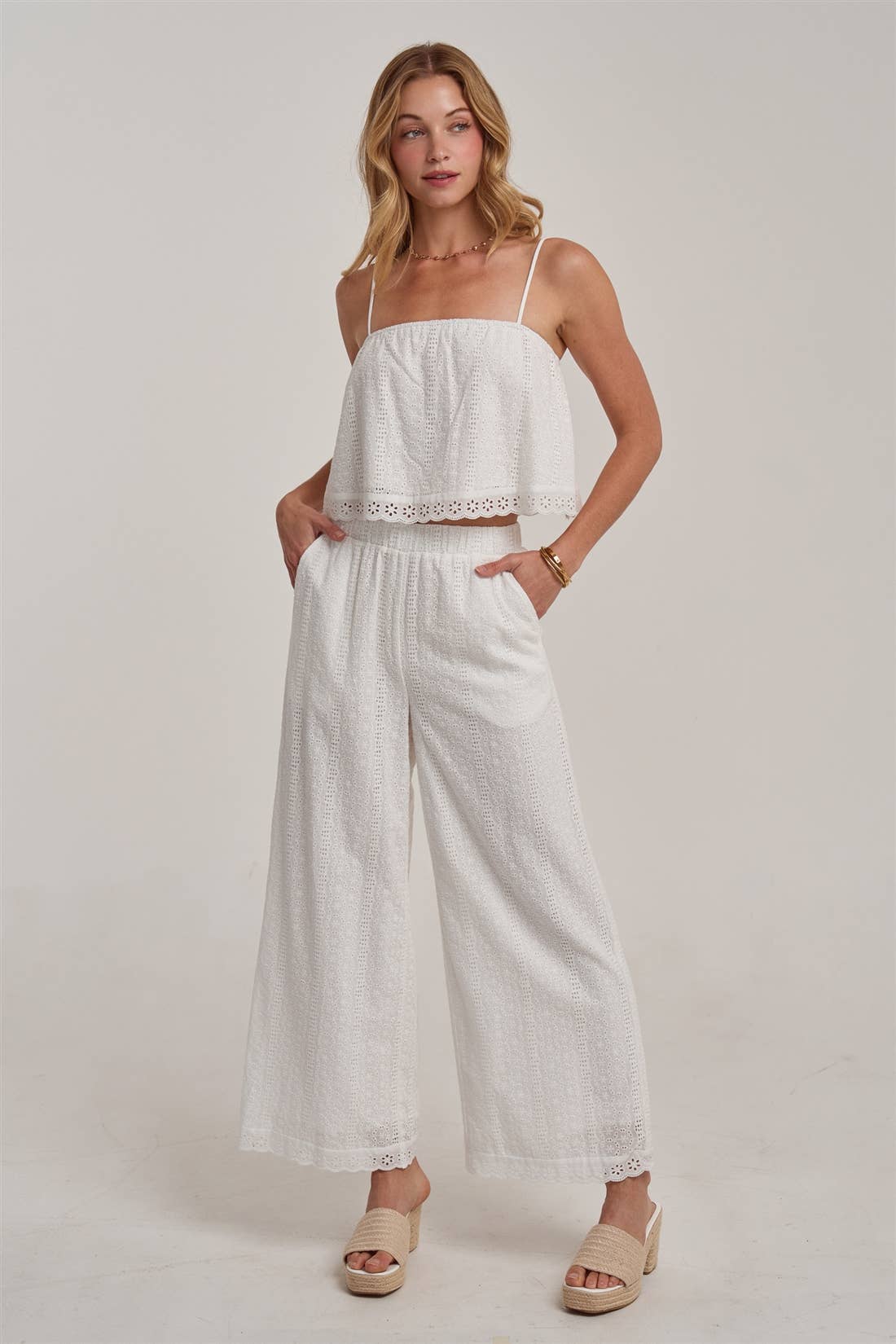 BON - EYELET LACE CROPPED CAMI TOP AND WIDE LEG PANTS SUMMER SET