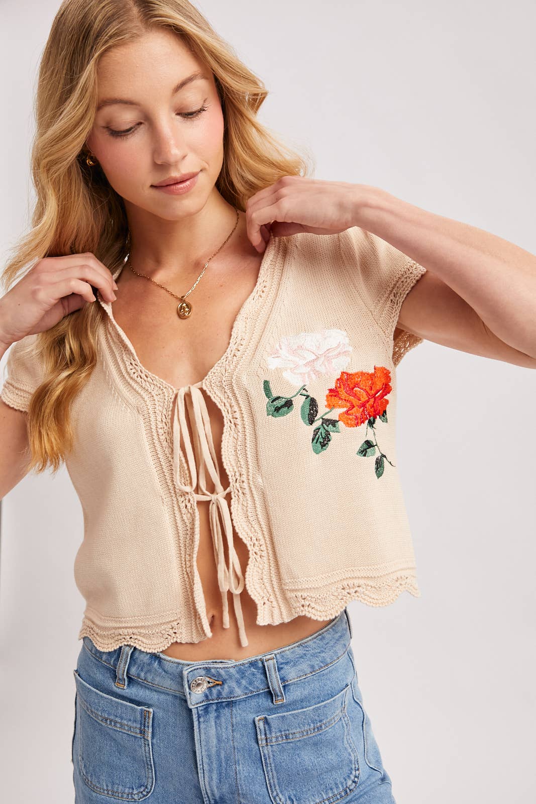 Bluivy - EMBROIDERED CAP SLEEVE OPEN FRONT SELF-TIE KNIT TOP - EASTER