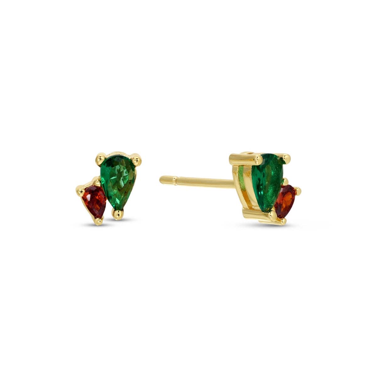 Splendid Iris - Red & Green Pear-Shaped CZ Studs on Velvet Tag