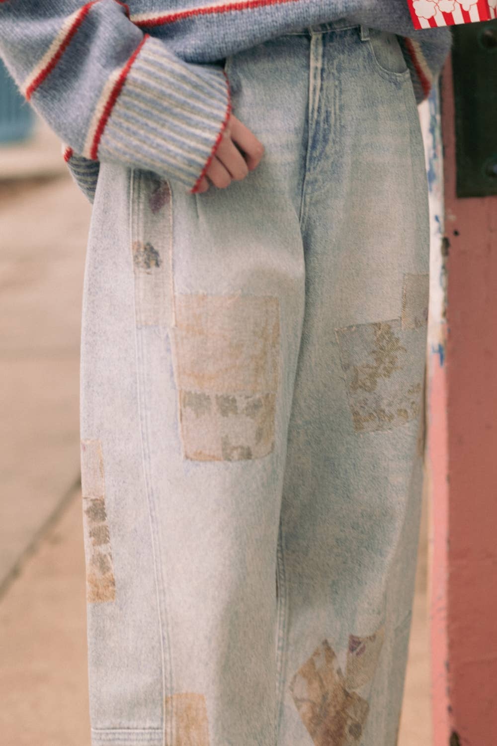 MIOU MUSE - P6792 PATCHWORK EFFECT DENIM BARREL PANTS
