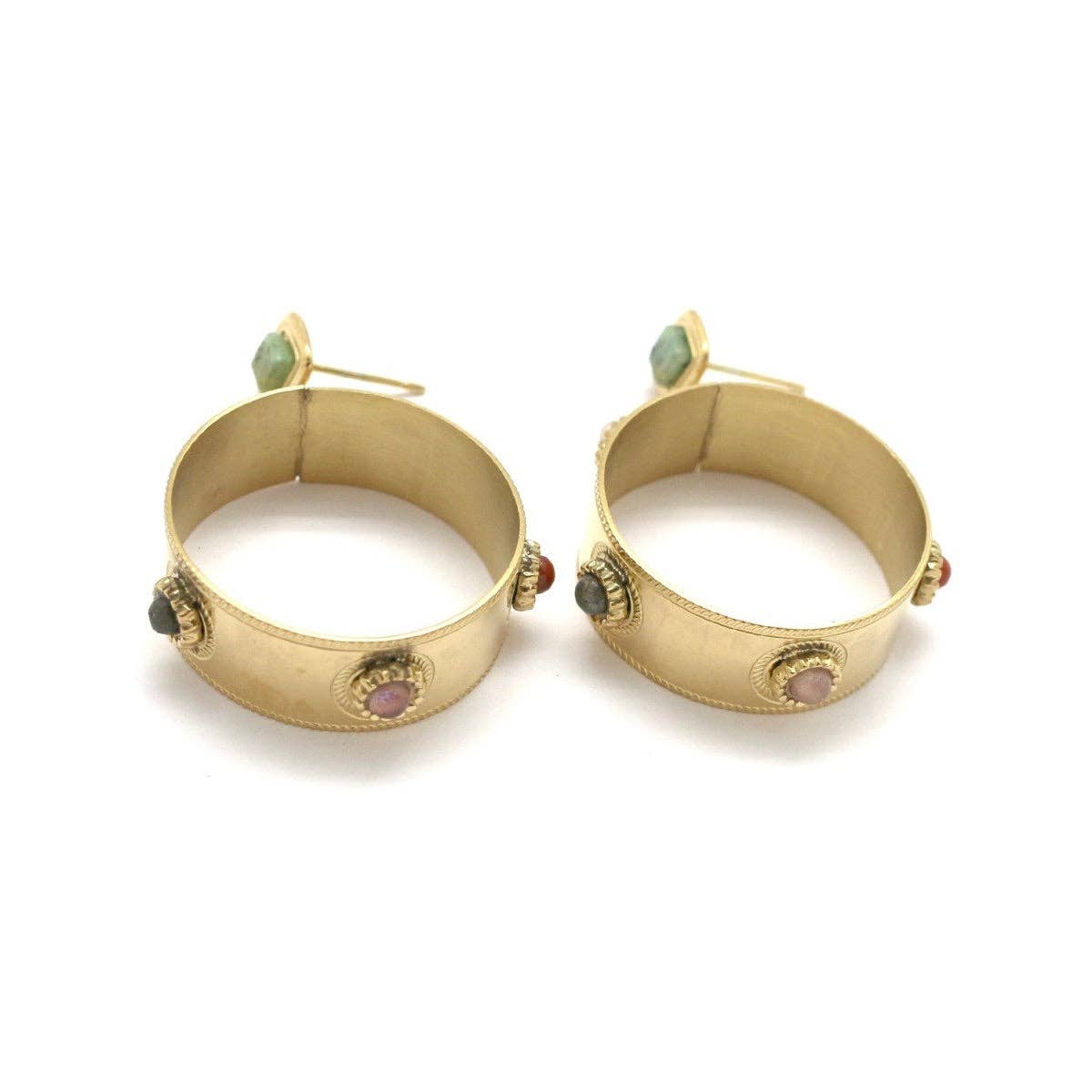 LIZOU - Semi Precious Stones on Wide Hoop Dangle Earrings