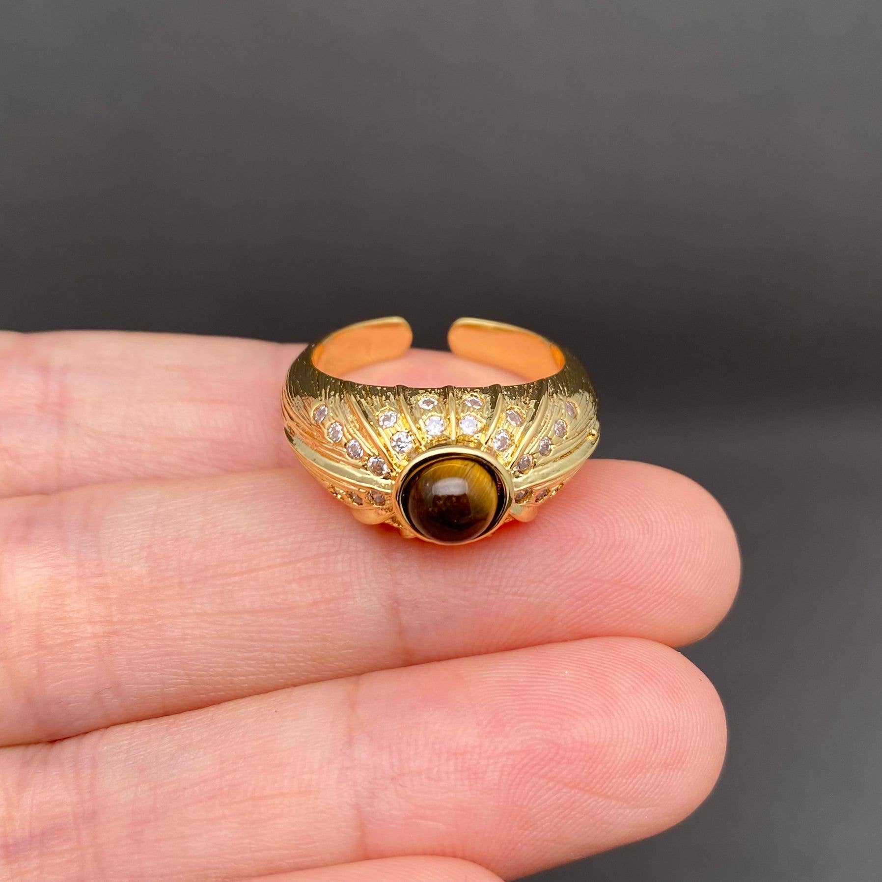 Mio Queena - Tiger's Eye Stone & Rhinestone Inlaid 18K Gold Plated Ring