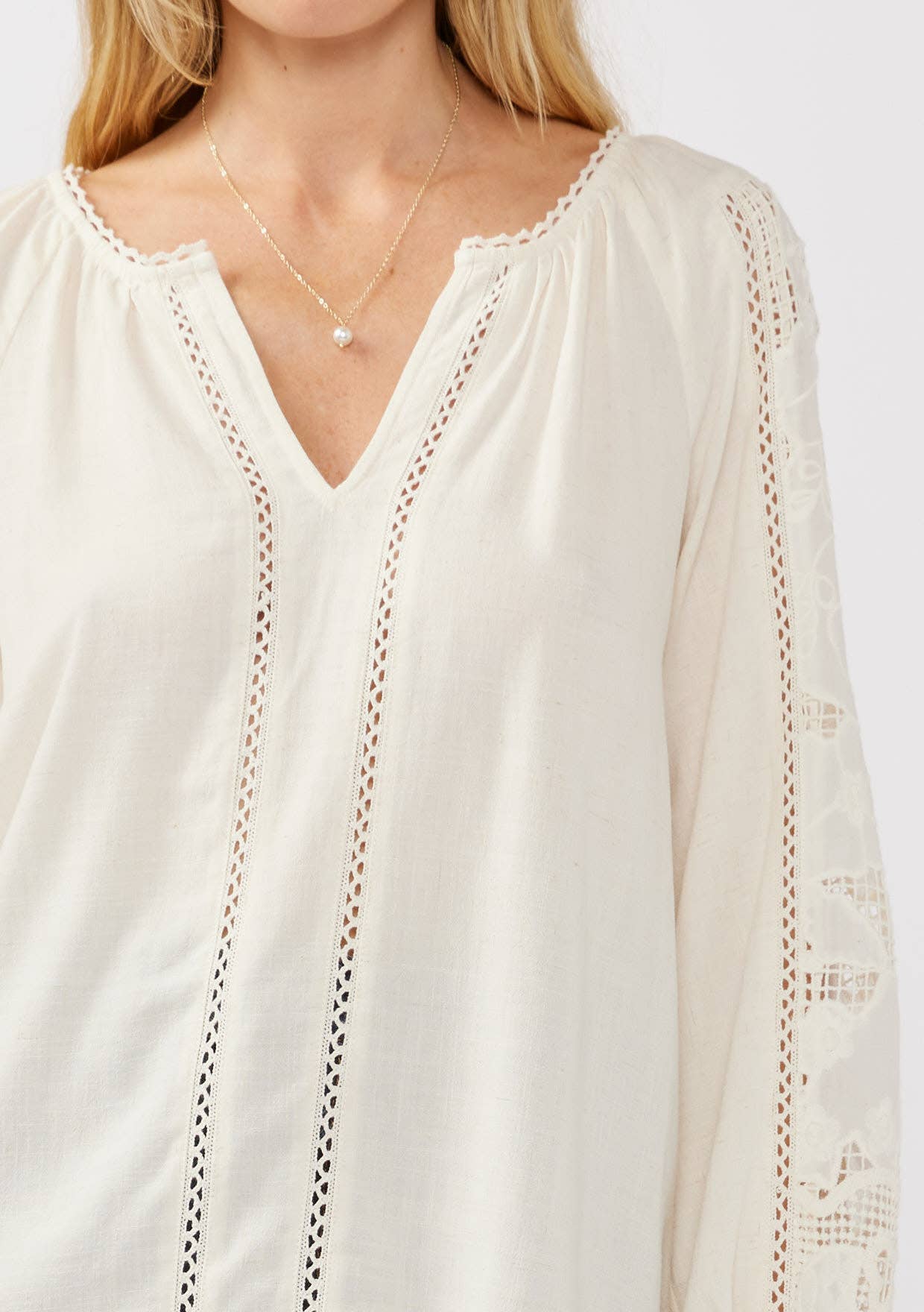 Lovestitch - Embroidered Lace Trim Split Neck Blouse