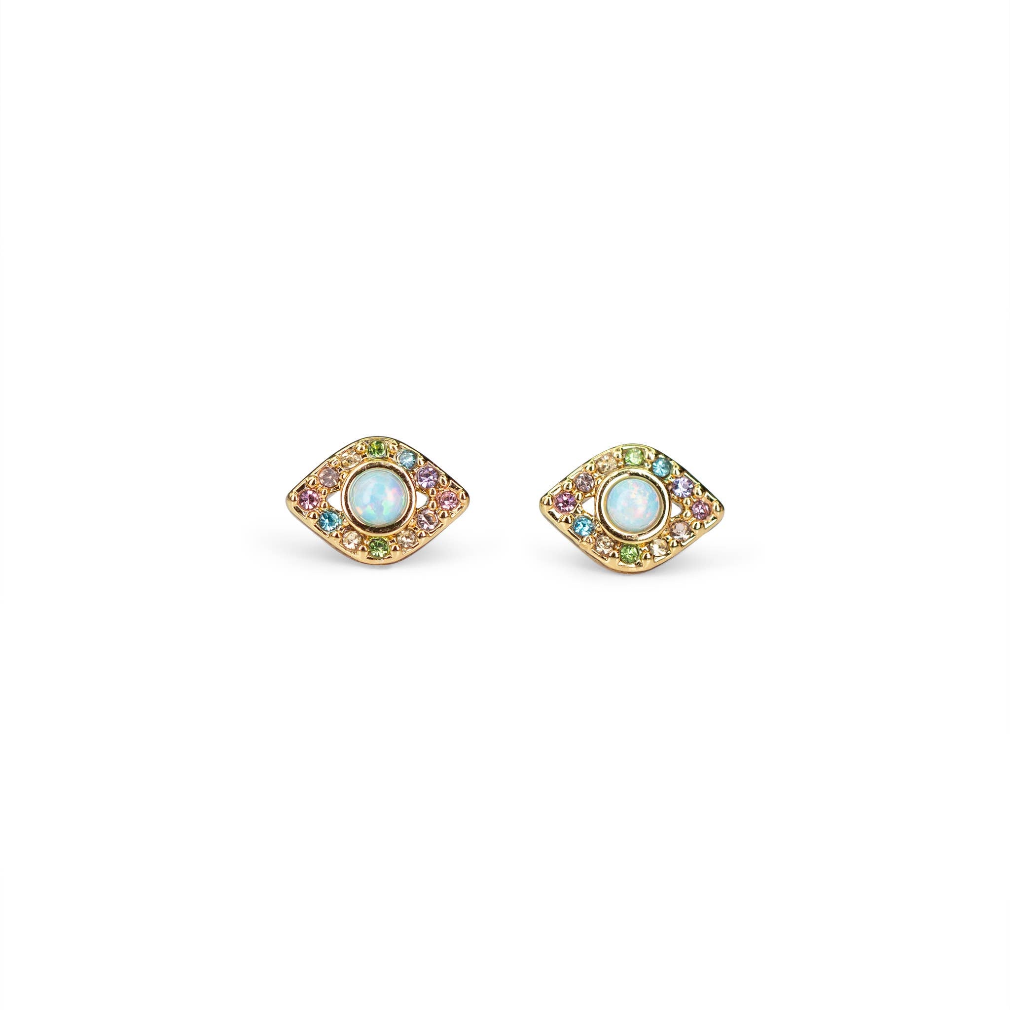 Wildflower + Co. - Evil Eye Stud Earrings, Opal & Pastel Pave