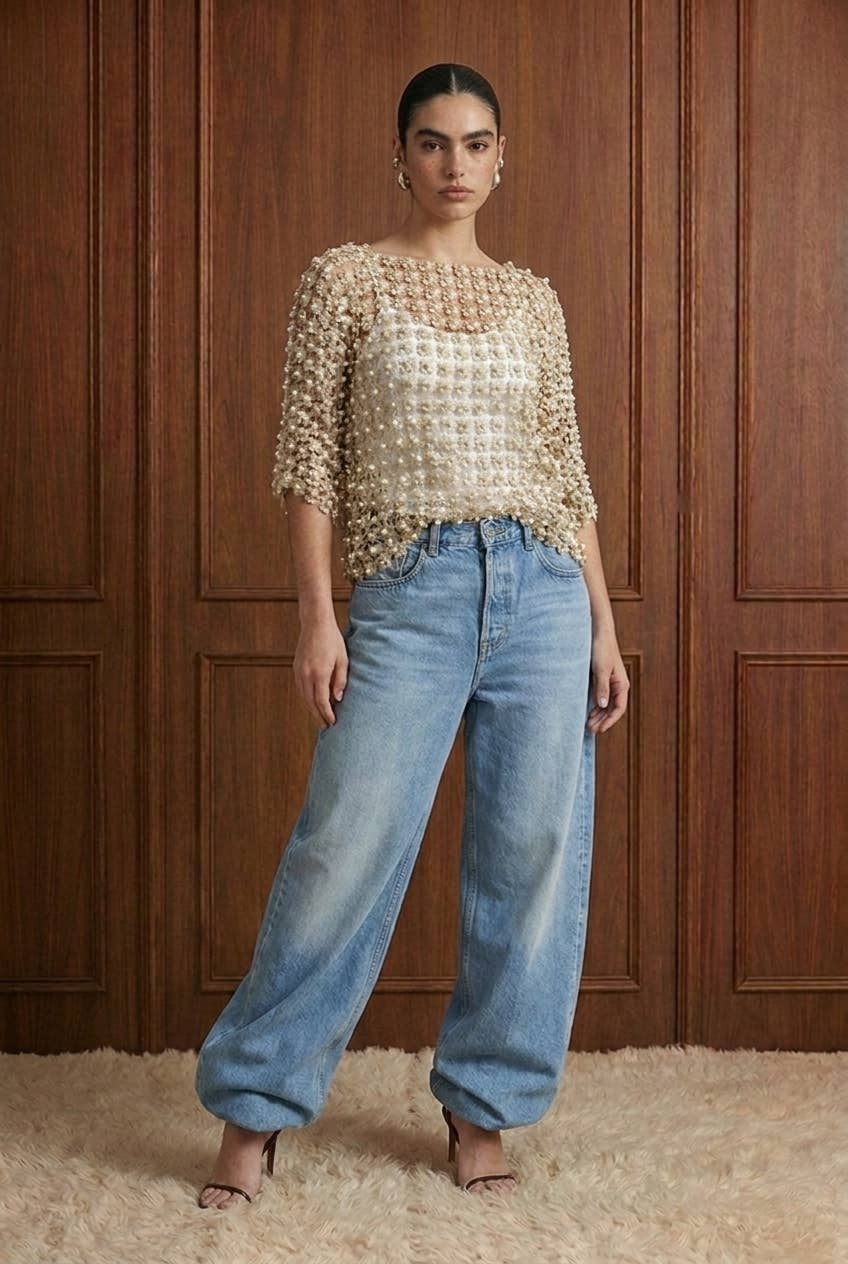 Beulah Style - Floral Guipure Pearl-Embellished Overlay Top