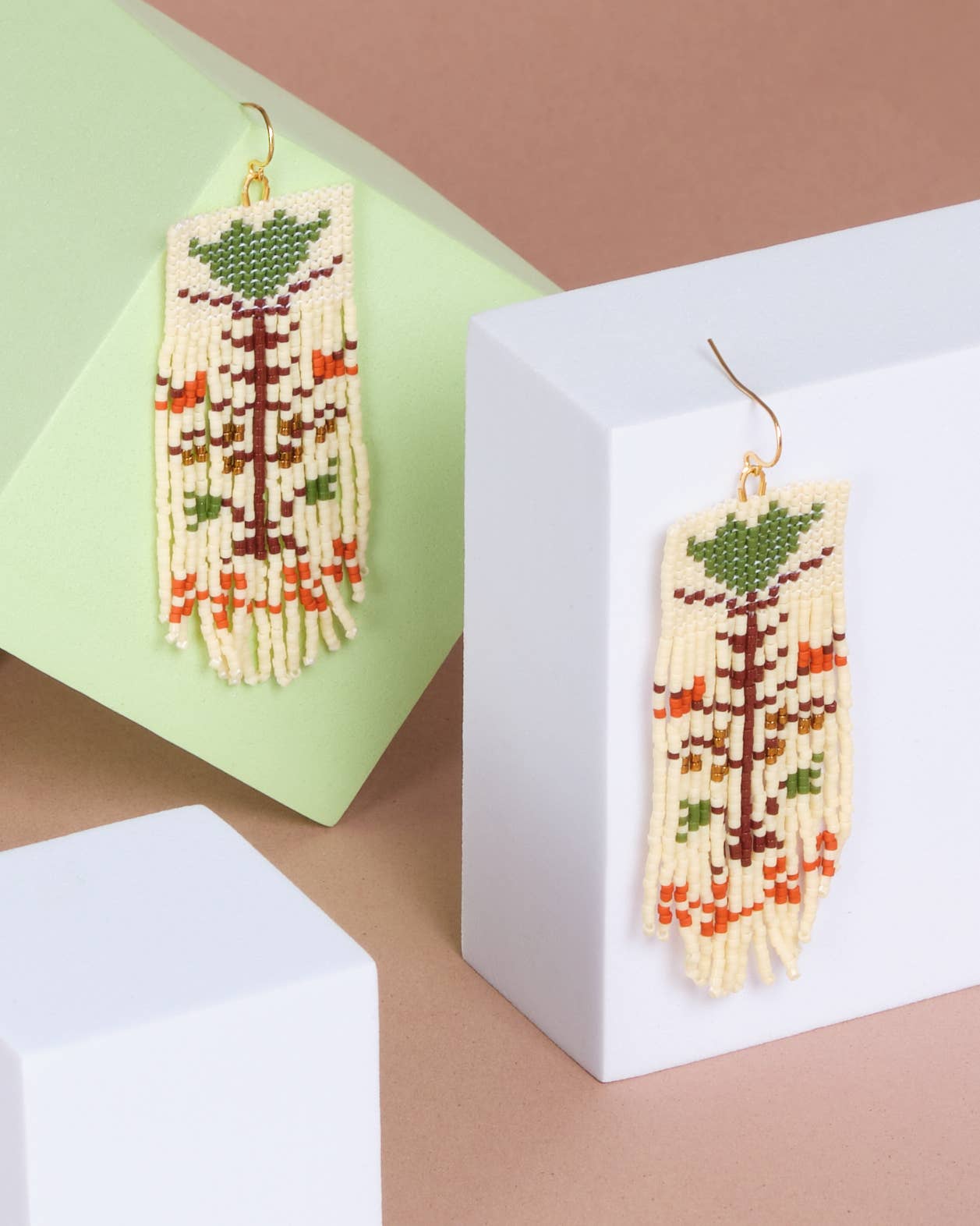 Mayana Designs Co - Beaded Handwoven Vintage Flower Fringe Earrings (Cream/Green