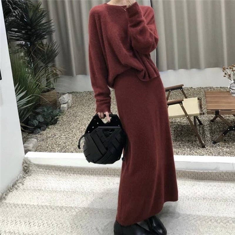 Sheer Trend - Solid Color Straight Skirt Sweater Two Piece Set