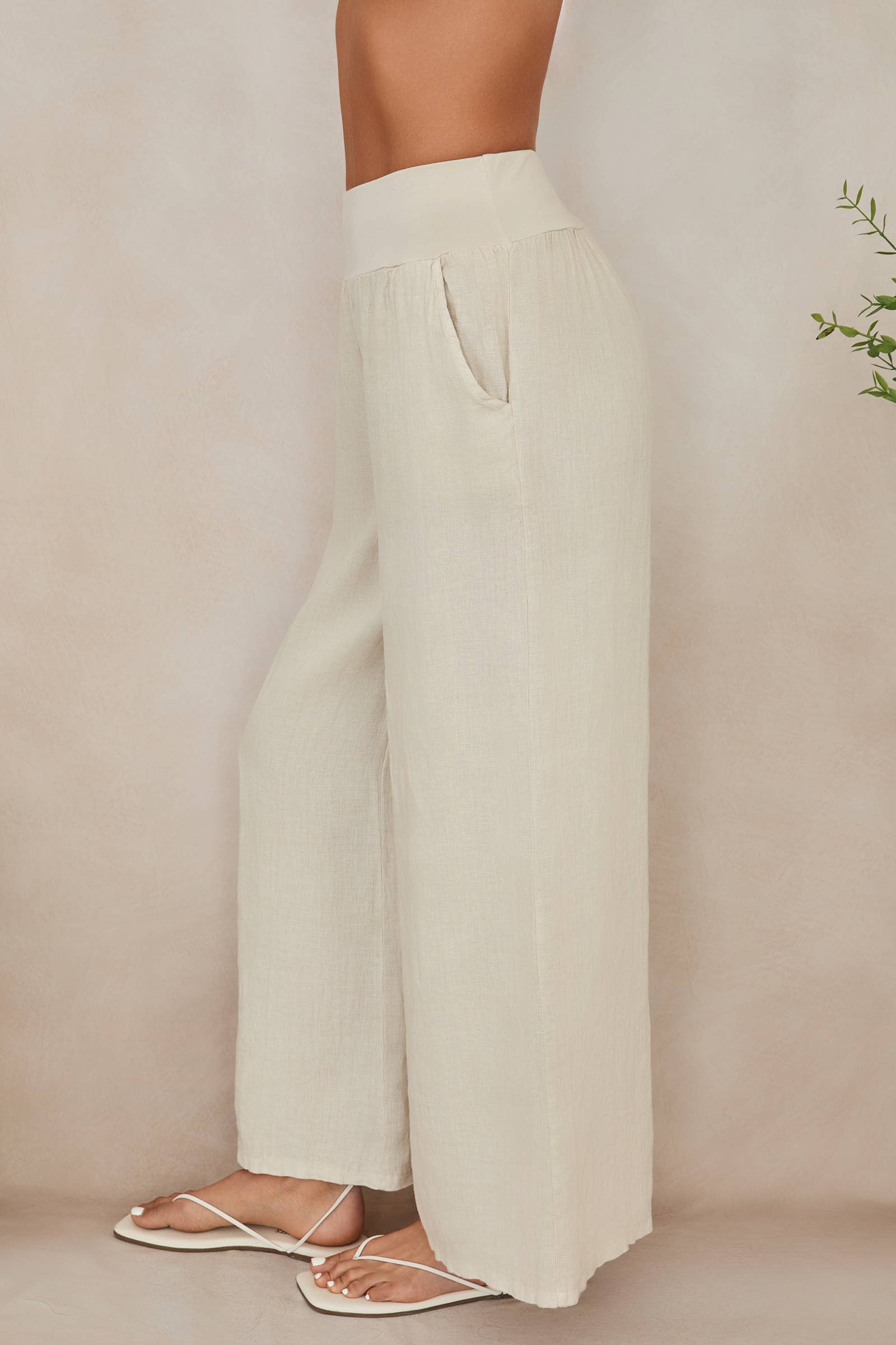 MILIO MILANO - WAISTBAND WIDE LEG LINEN PANTS WITH POCKET