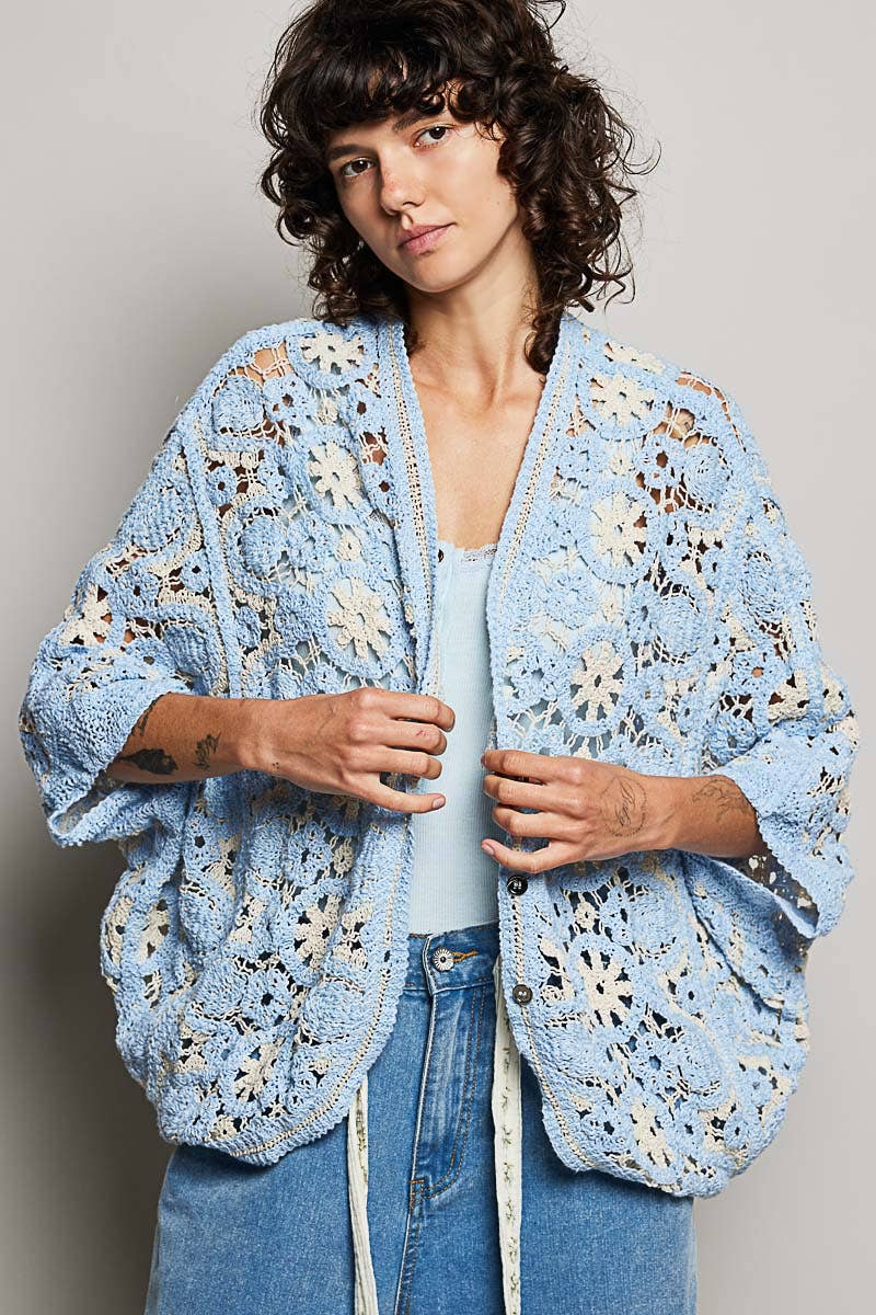 Pol Clothing - V-Neck Button Down Crochet Batwing Sleeve Cardigan Top