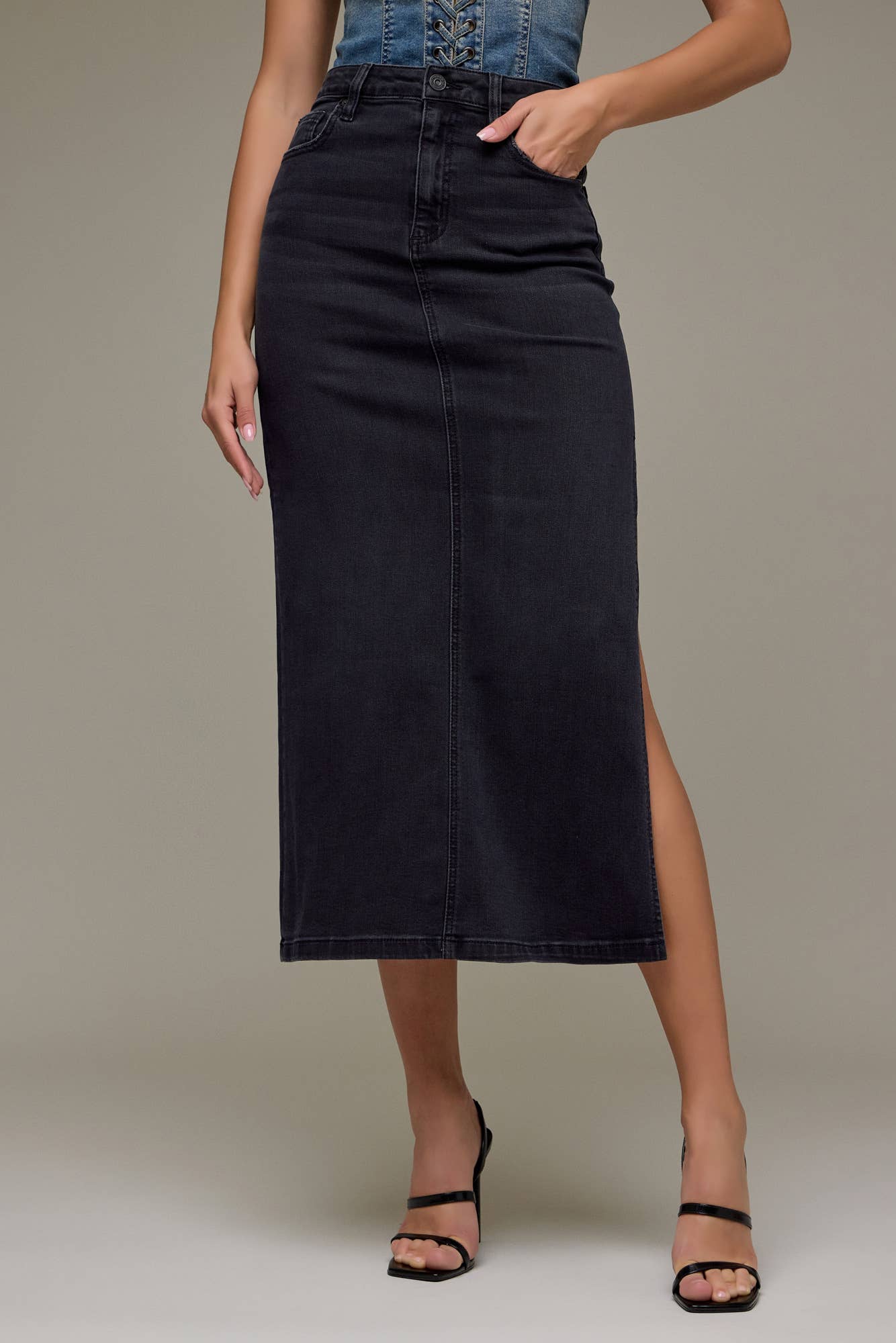 Hidden Jeans - Black Side Slit Stretch Midi Skirt