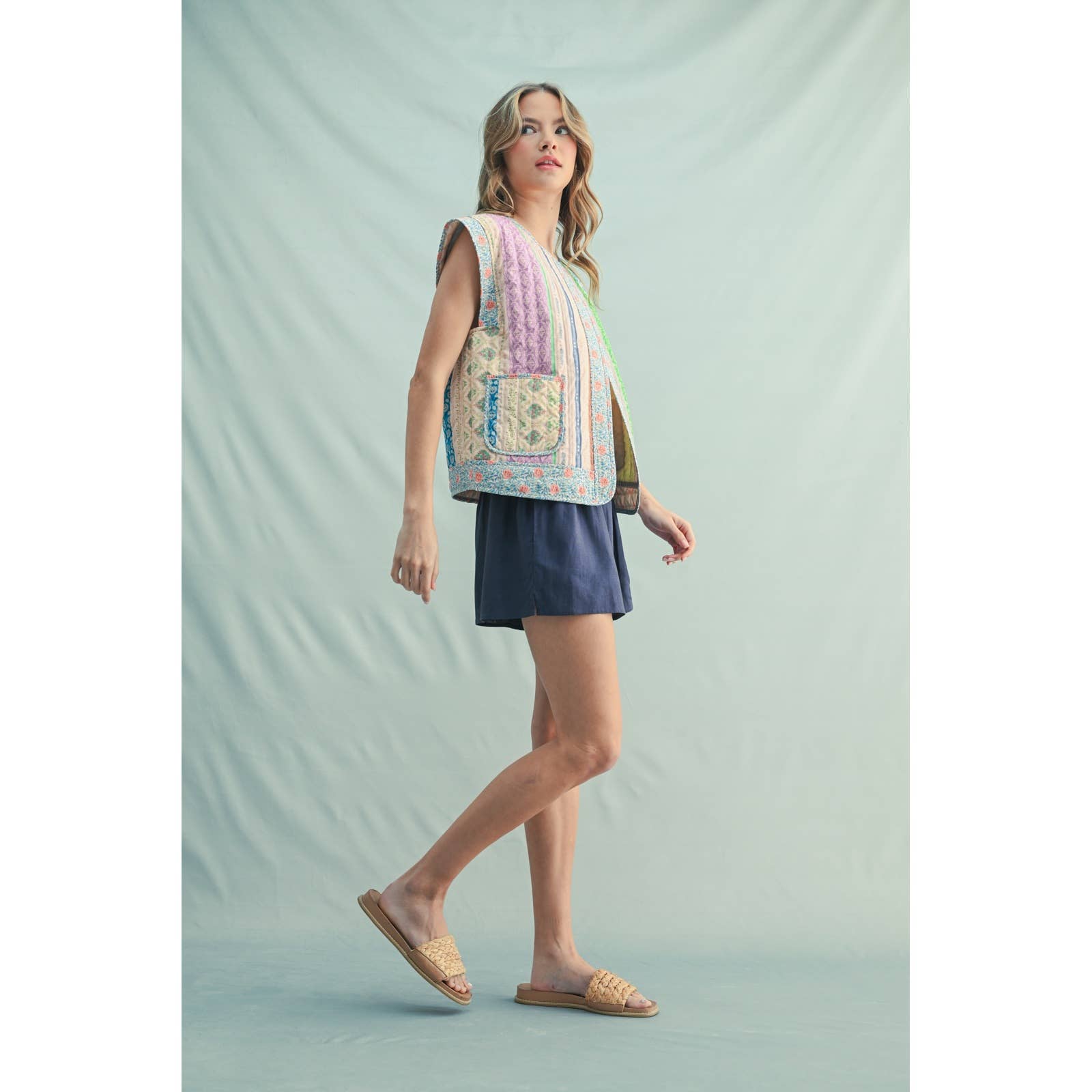 MIXED PATTERN CAP SLEEVE OPEN VEST WITH POCKETS