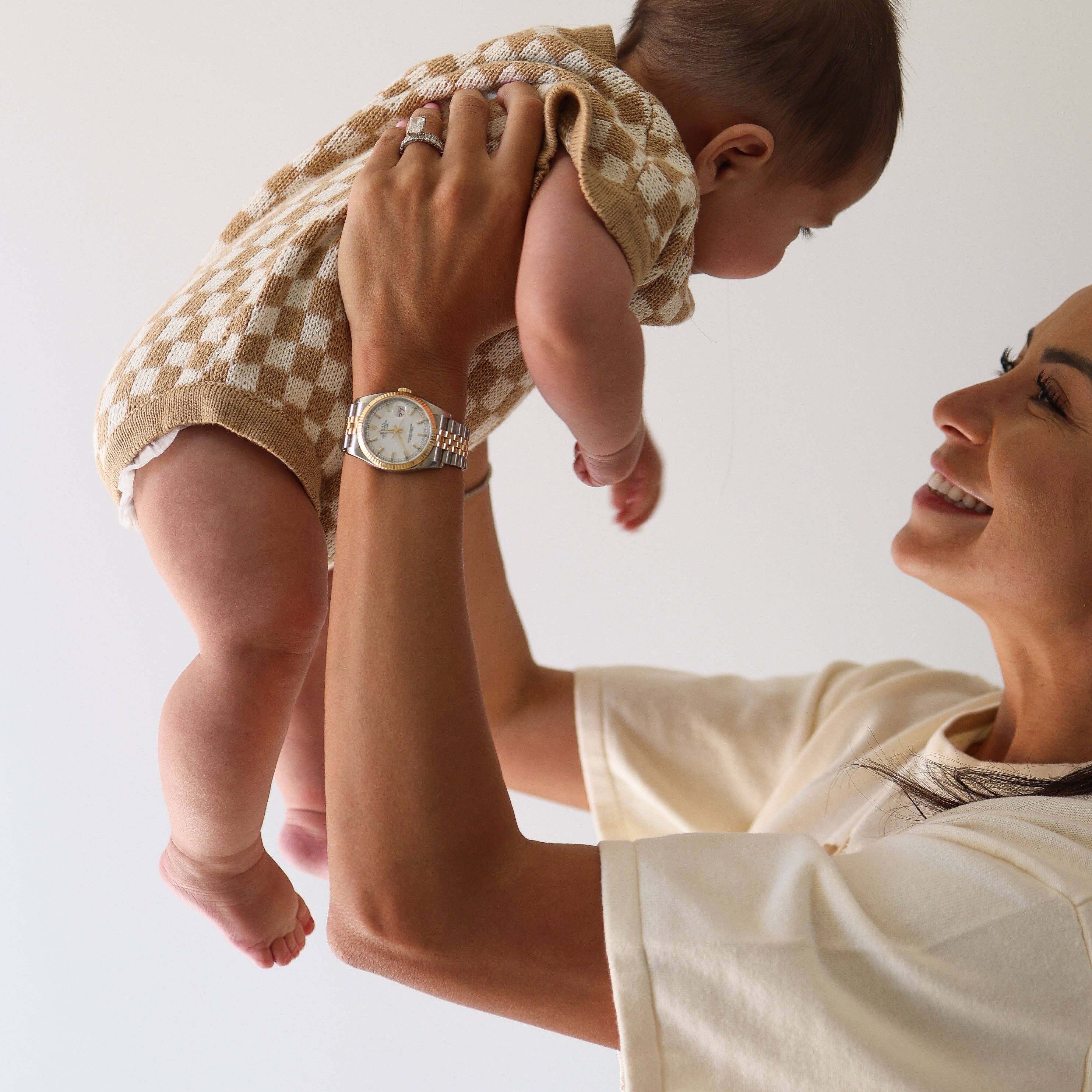 Forever French Baby - Knit Romper | Latte Check