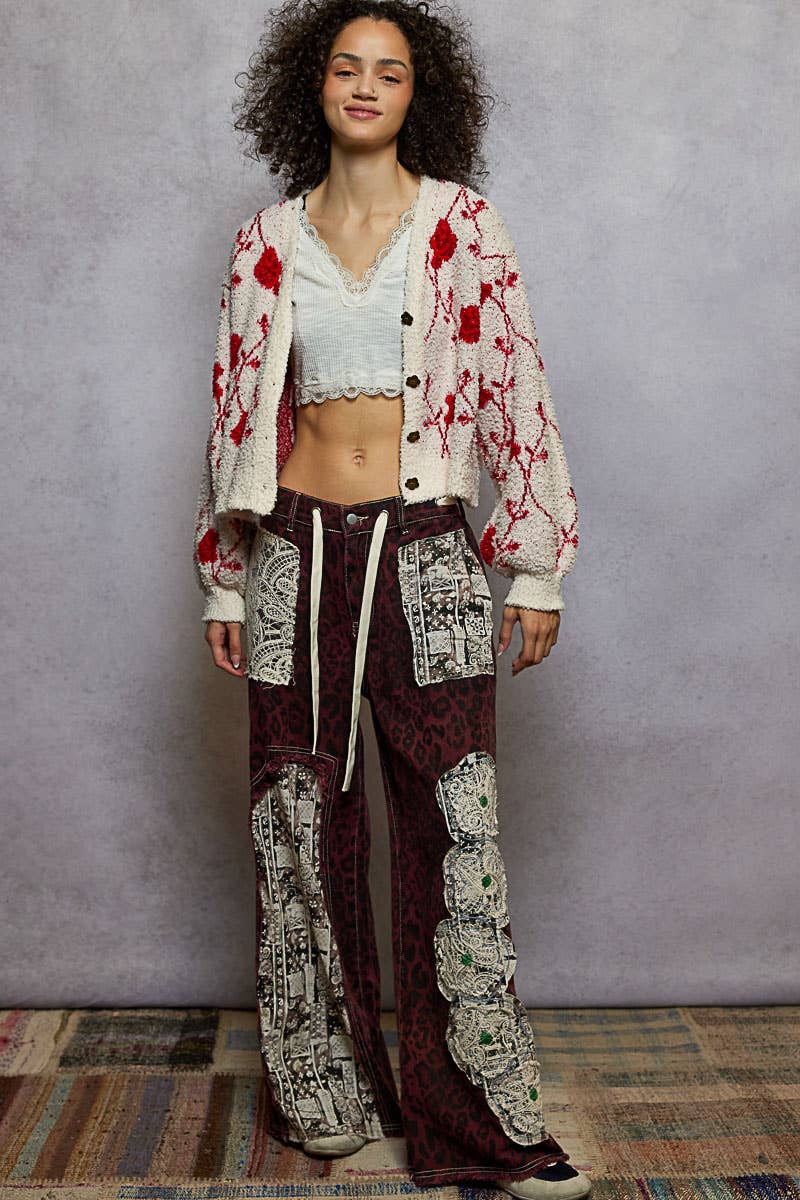 Pol Clothing - Balloon sleeve floral button Berber sweater cardigan top