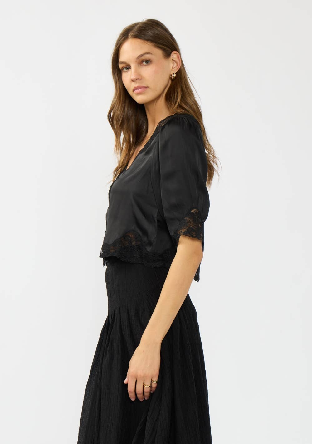 Lovestitch - V-Neck Button Front Blouse with Lace Trim