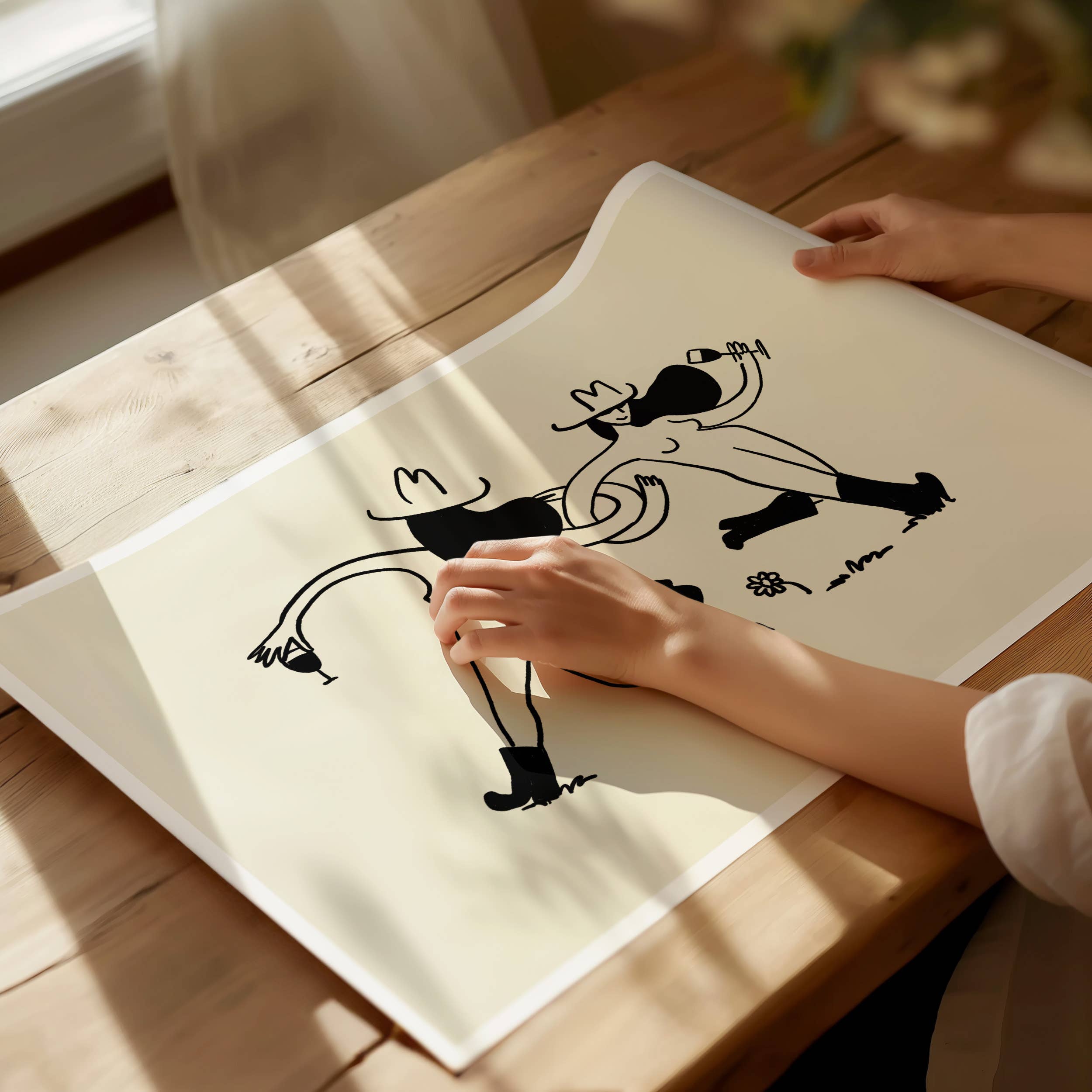 Tumbleweed Design Studio - Frolicking Cowgirls With Wine Minimal Western Art Print