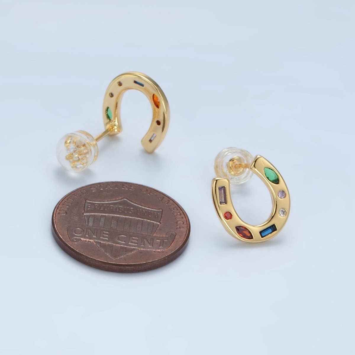 Aim Eternal - 16K Gold Filled Multicolor CZ Horseshoe Stud Earrings | AD604