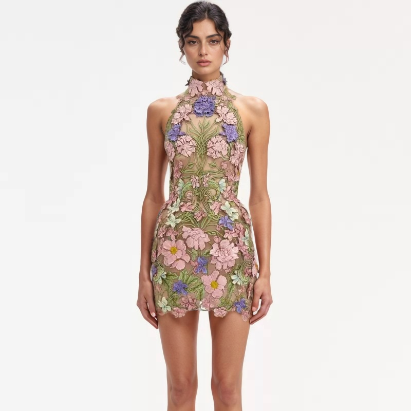 Productseeker - 22Y Elegant Sleeveless Floral Embroidered Sheer Mini Dress