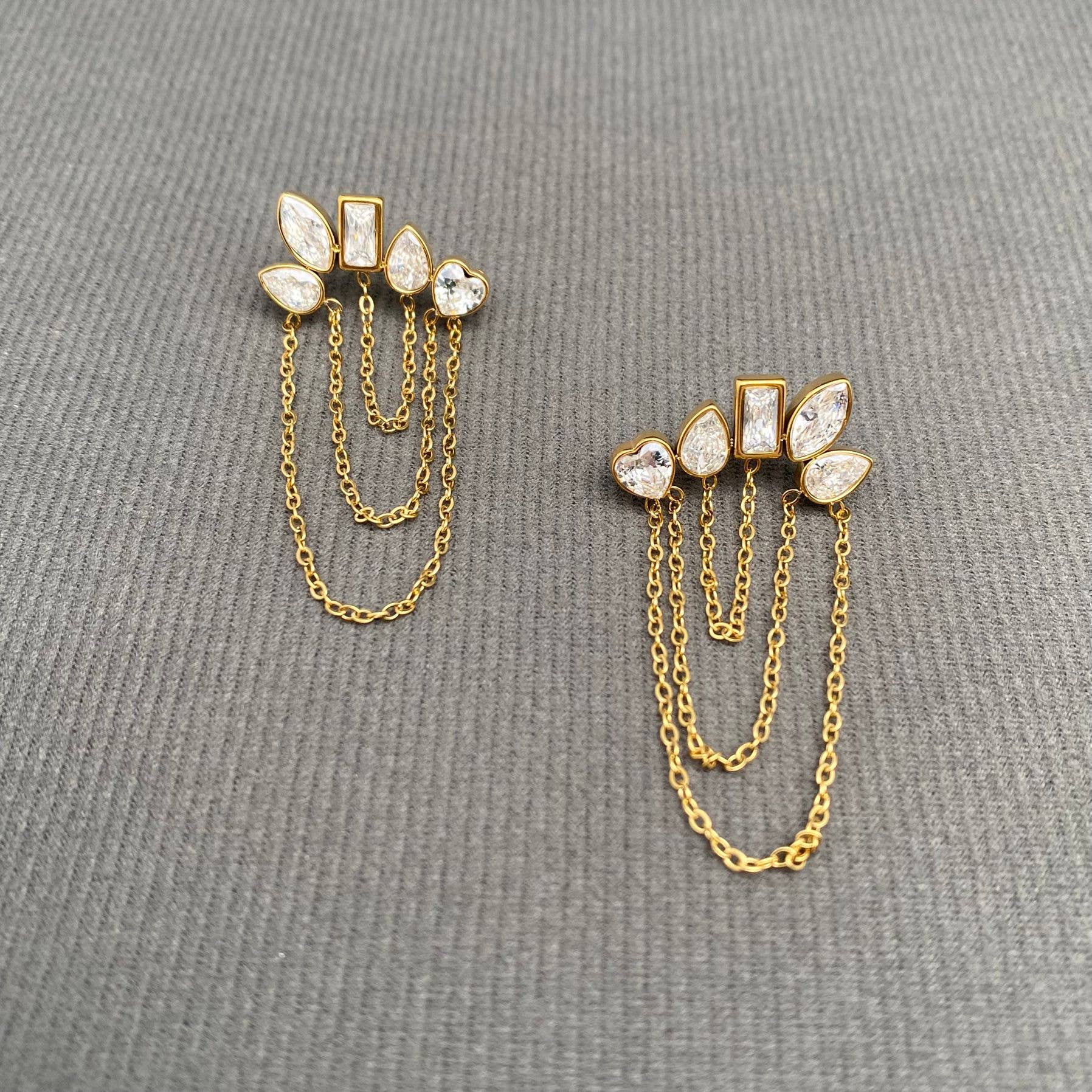 Mio Queena - Zircon Inalid Chain Tassel 18K Golden S.Steel Earrings - FGS