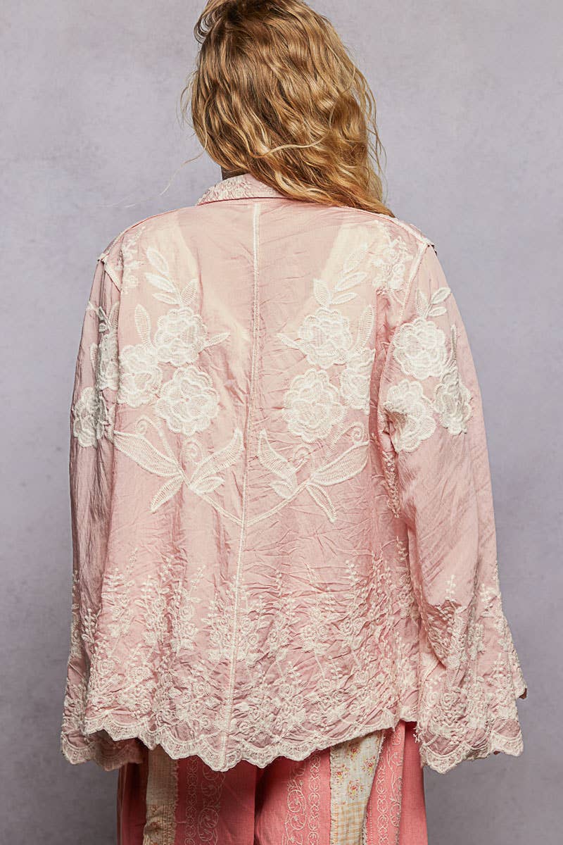 Pol Clothing - Long Sleeve Embroidered Scalloped Edge Shirt Top