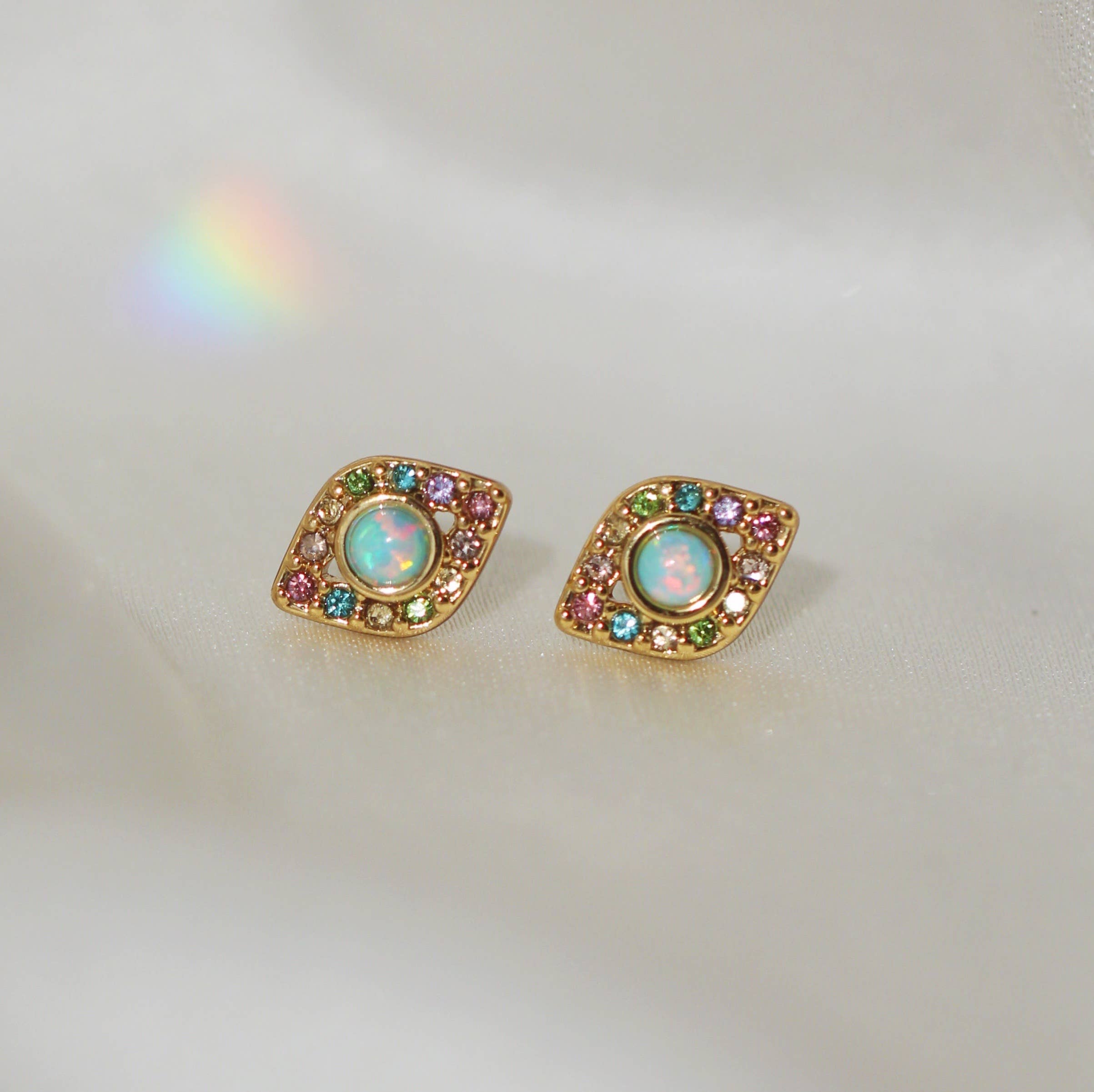 Wildflower + Co. - Evil Eye Stud Earrings, Opal & Pastel Pave