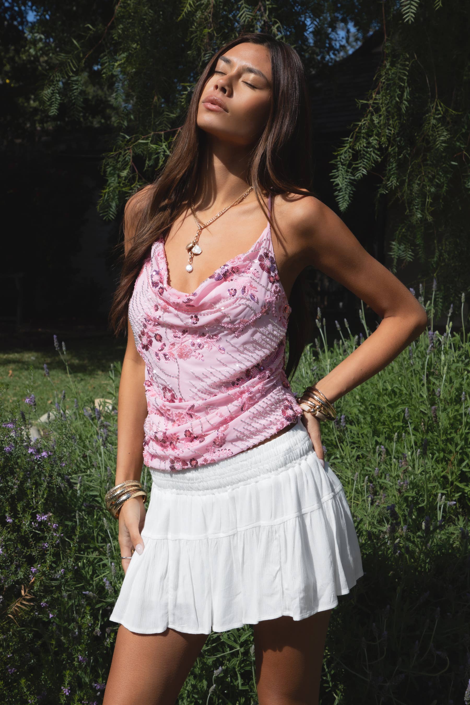 - AURYA Chiffon Sequin Beaded Cowl Neck Cropped Top
