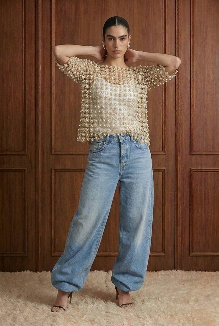 Beulah Style - Floral Guipure Pearl-Embellished Overlay Top