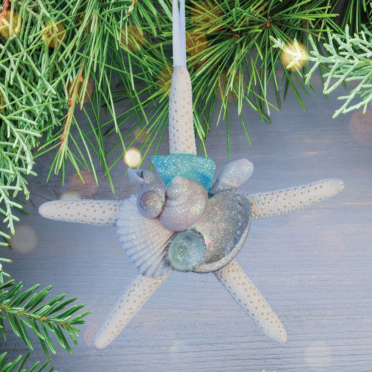 California Seashell Company - Sea Glass White Finger Starfish Collage Ornament
