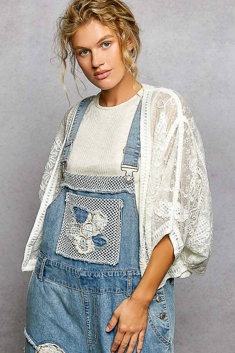 Pol Clothing - Floral Embroidery Crochet Half Batwing Sleeve Cardigan