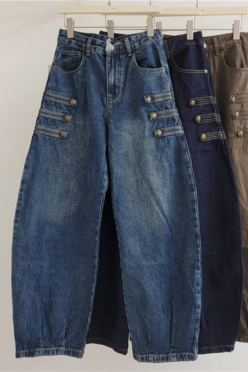 Mccolin - Button-Detail High-Waist Barrel Jeans
