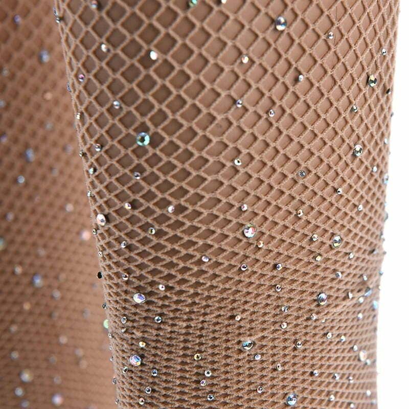Pantyhose Rhinestone Stocking Fishnet: Beige-AB