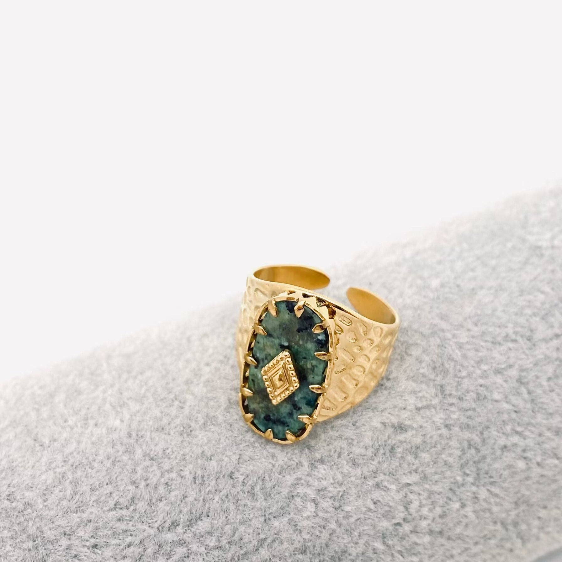Mio Queena - 18K Gold Plated African Turquoise Steel Ring - FGS/CS