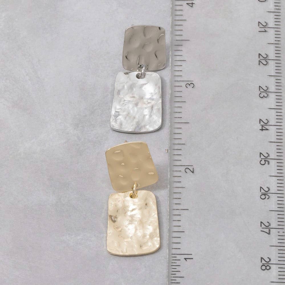 Fame Accessories - Flat Hammered Squares Stud Dangle Earrings