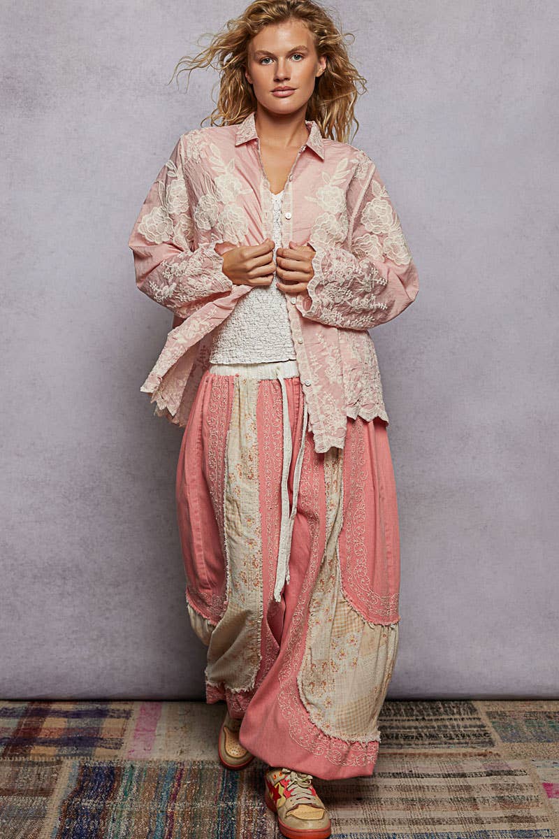 Pol Clothing - Long Sleeve Embroidered Scalloped Edge Shirt Top