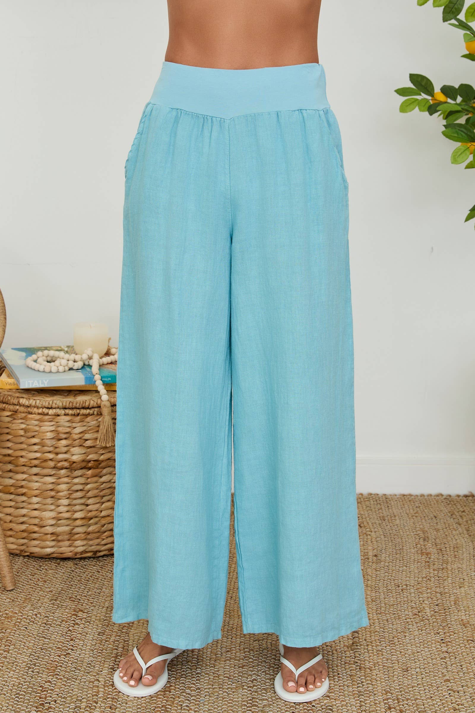 MILIO MILANO - WAISTBAND WIDE LEG LINEN PANTS WITH POCKET