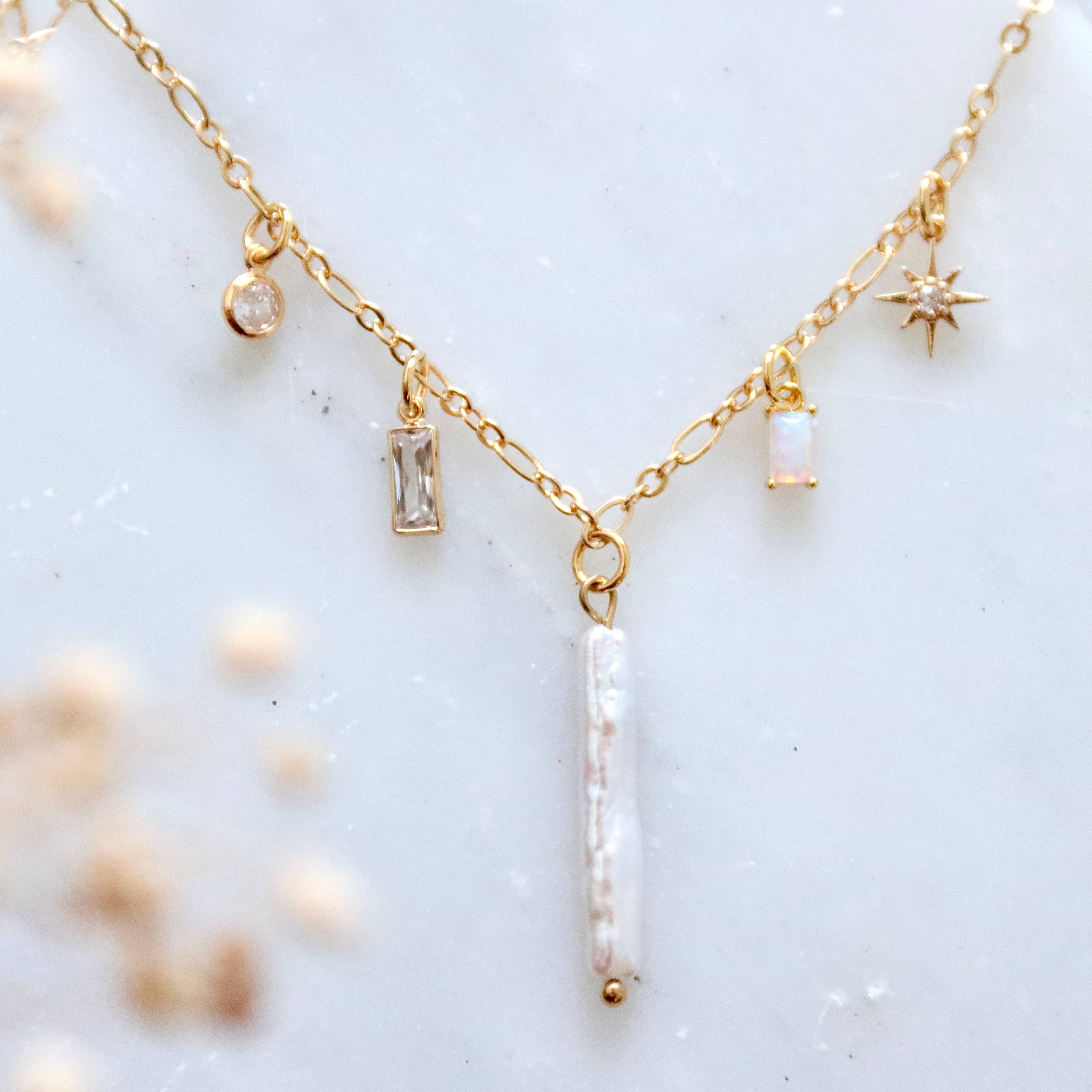 Mesa Blue - Pearl, Opal, CZ Charm Necklace