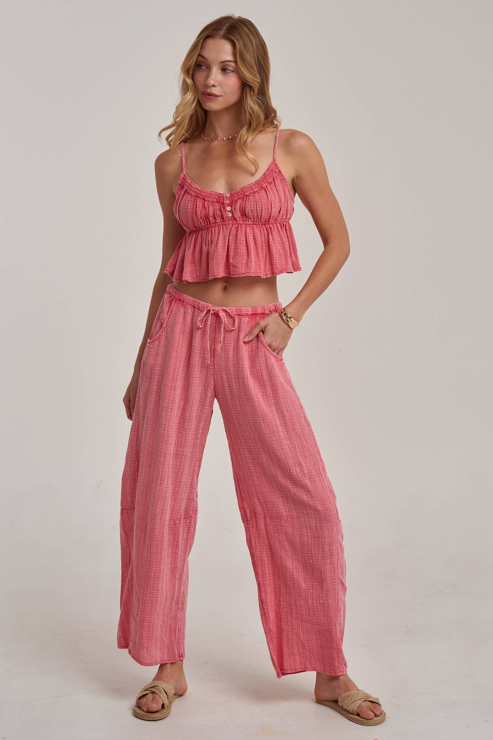 BON - MINERAL WASHED GAUZE CAMI TOP AND BARREL PANTS CASUAL SET