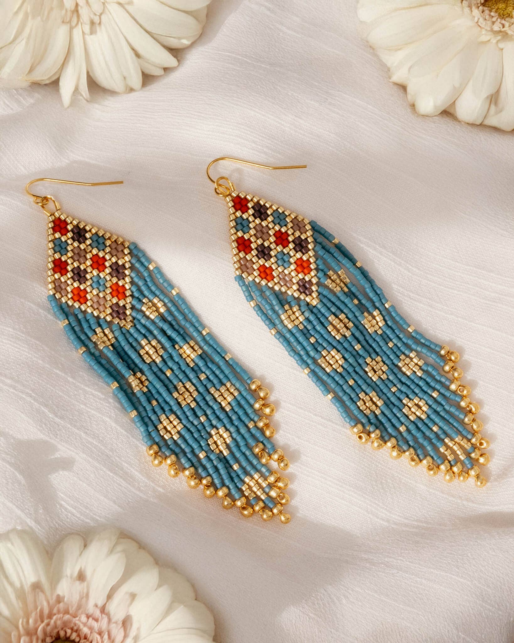 Mayana Designs Co - Beaded Handwoven Sari Fringe Earrings (Blue)