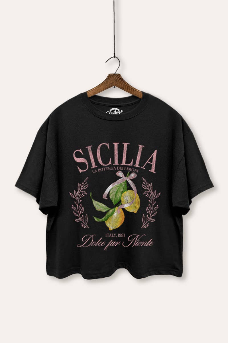 VINTAGE POINT USA - Sicilia Italy Lemon Fruit Graphic Boxy Crop Top