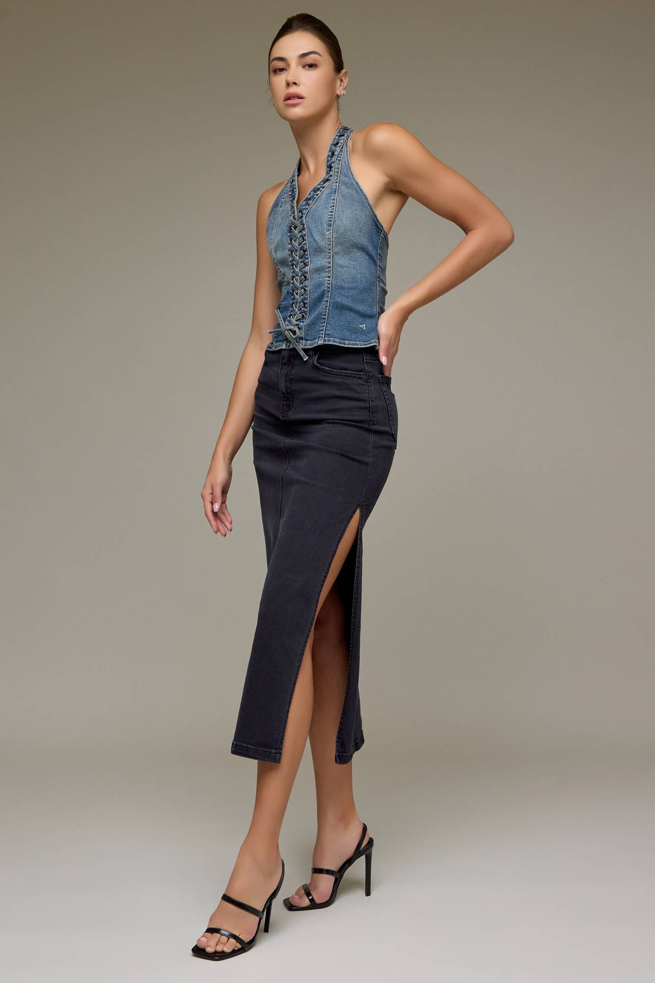 Hidden Jeans - Black Side Slit Stretch Midi Skirt