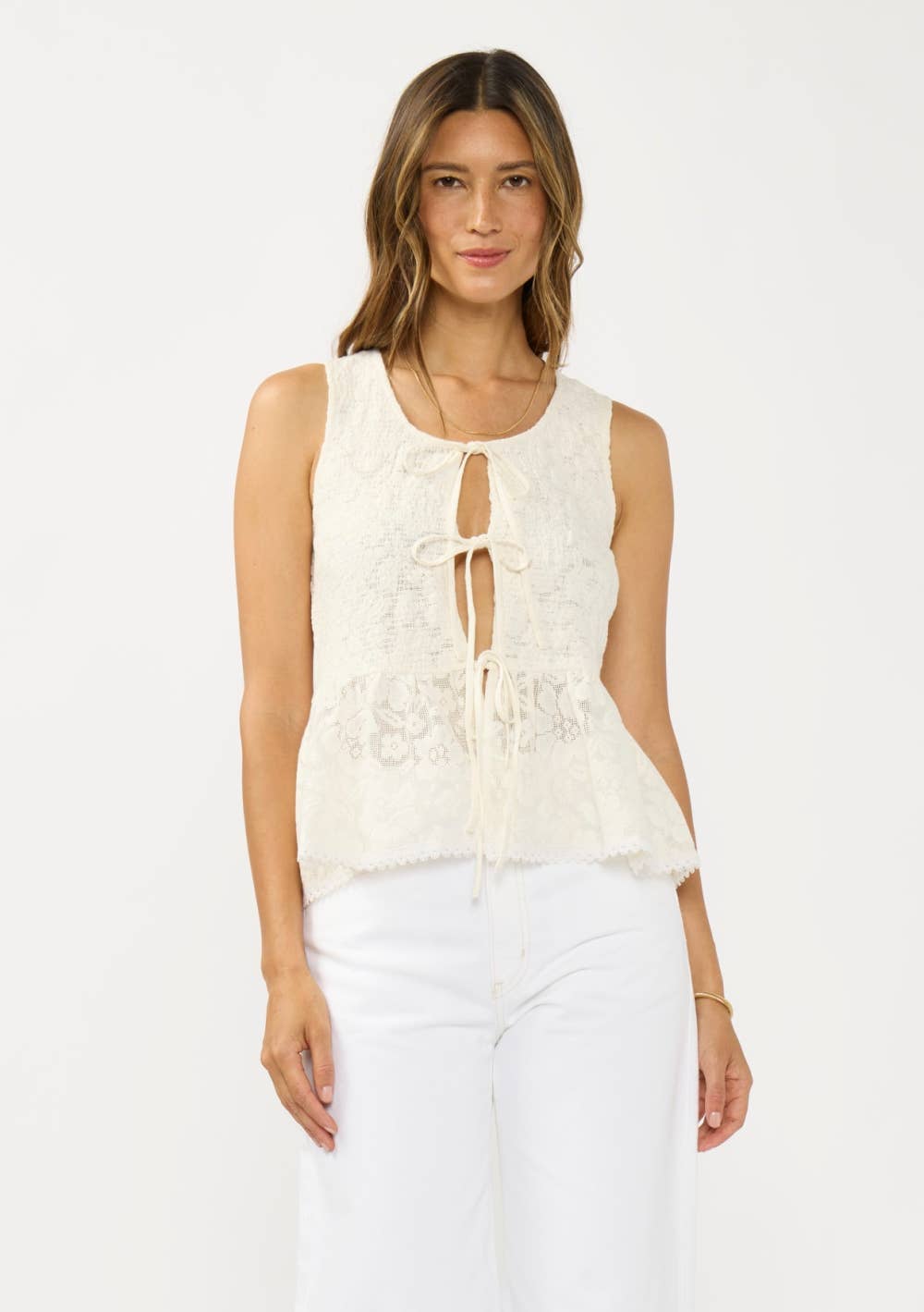 Lovestitch - Sleeveless Tie Front Smocked Peplum Top