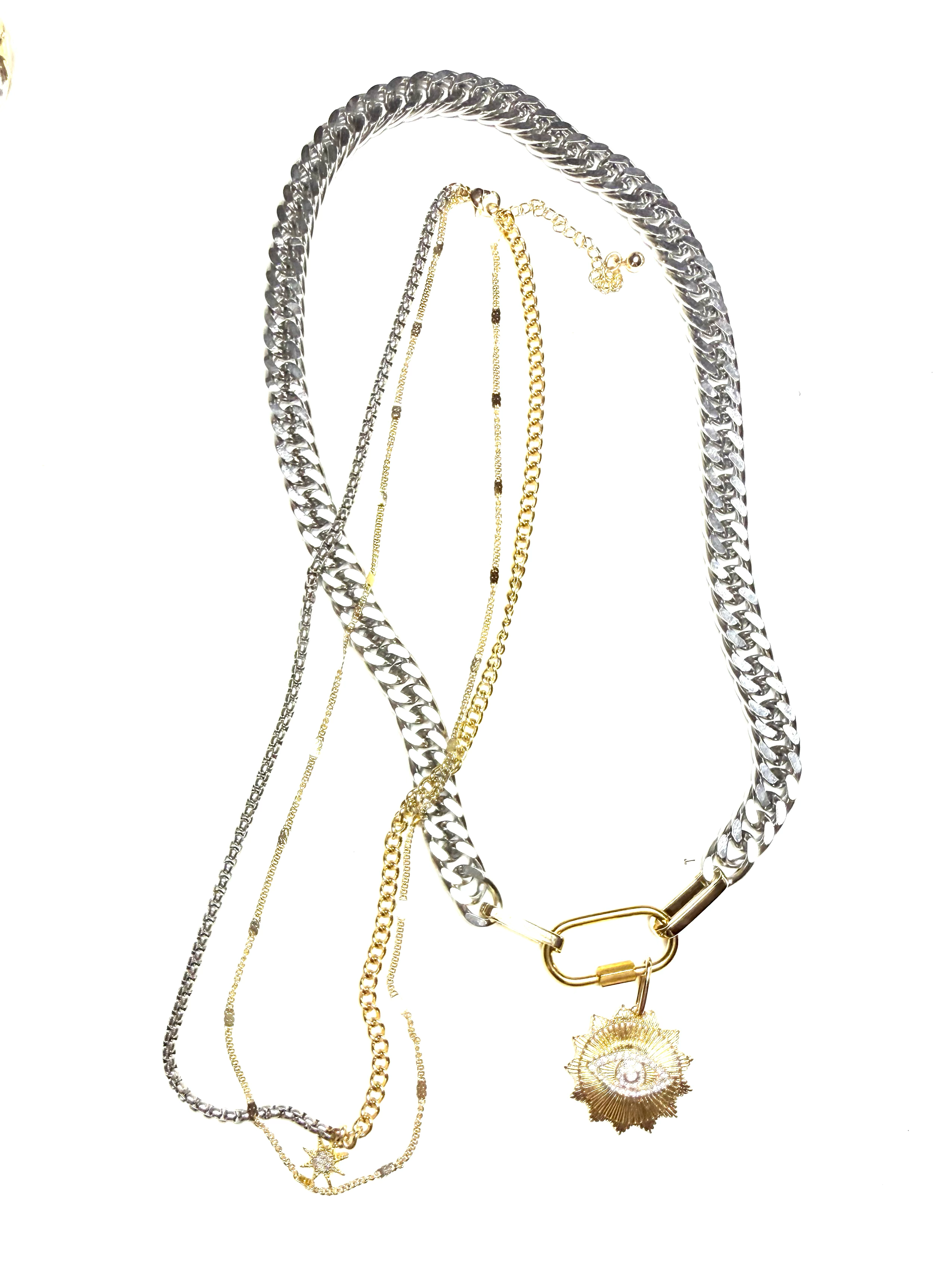 HoopLa - Evil Eye Carabiner 2 in 1 3 stand Necklace- Steel
