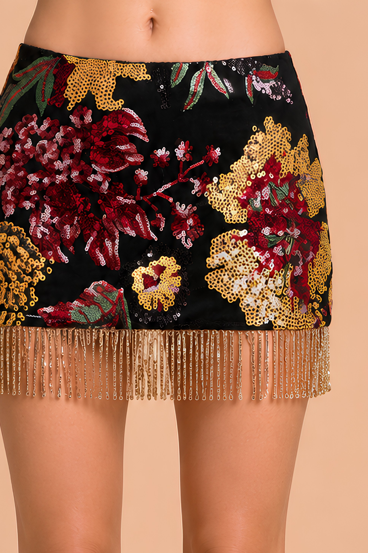 BERRY MELLOW - FLORAL SEQUIN FRINGE MINI SKIRT - BS1752CQ