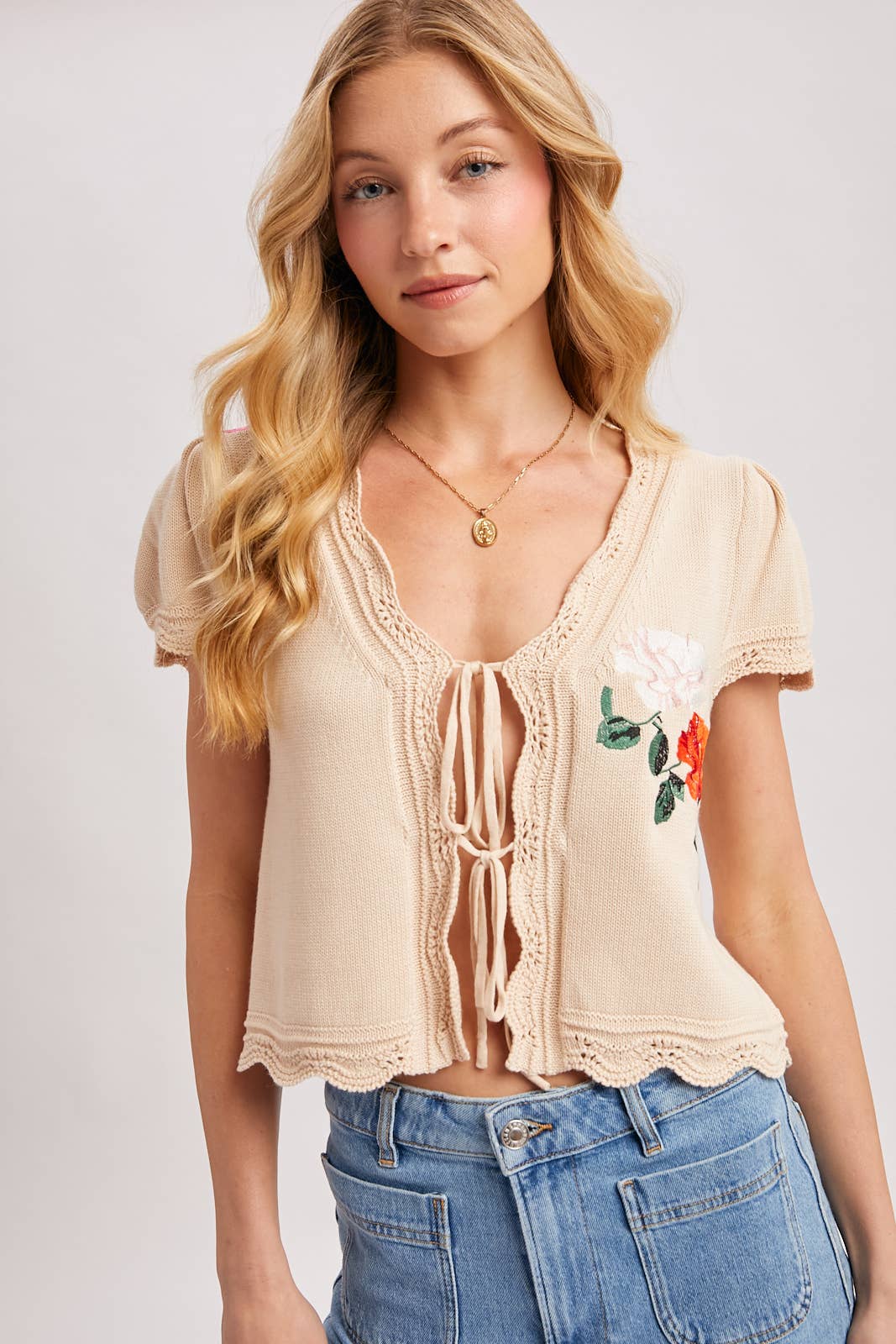Bluivy - EMBROIDERED CAP SLEEVE OPEN FRONT SELF-TIE KNIT TOP - EASTER
