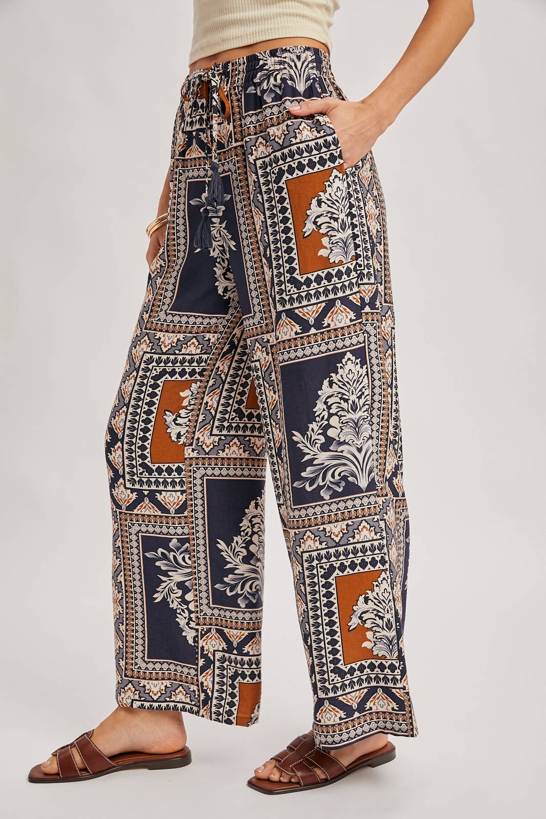 Bluivy - BOHO PRINT DRAWSTRING WIDE LEG PANTS