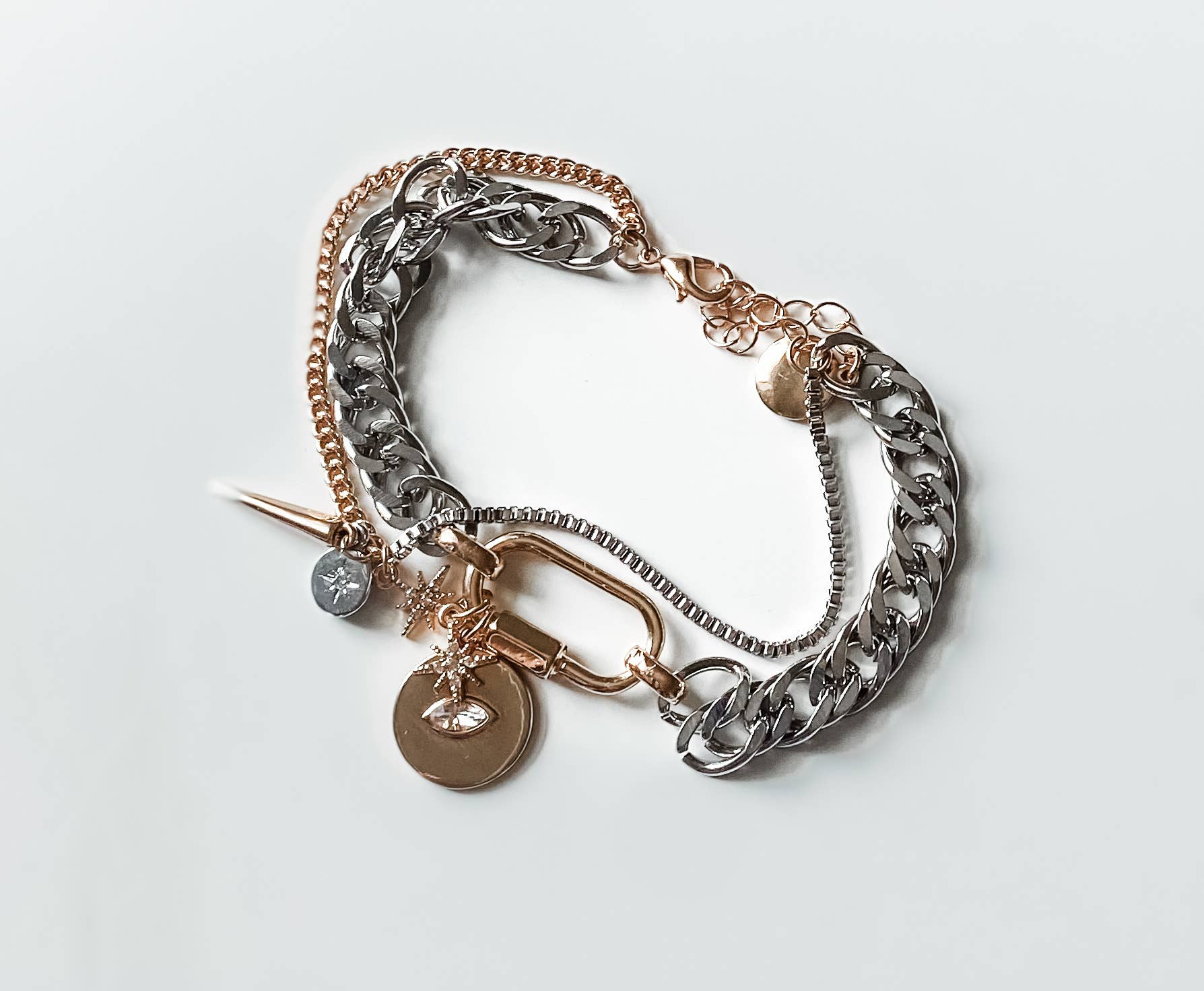 HoopLa - Horn & Evil Eye Carabiner, Multi Chain, Charm Bracelet Steel