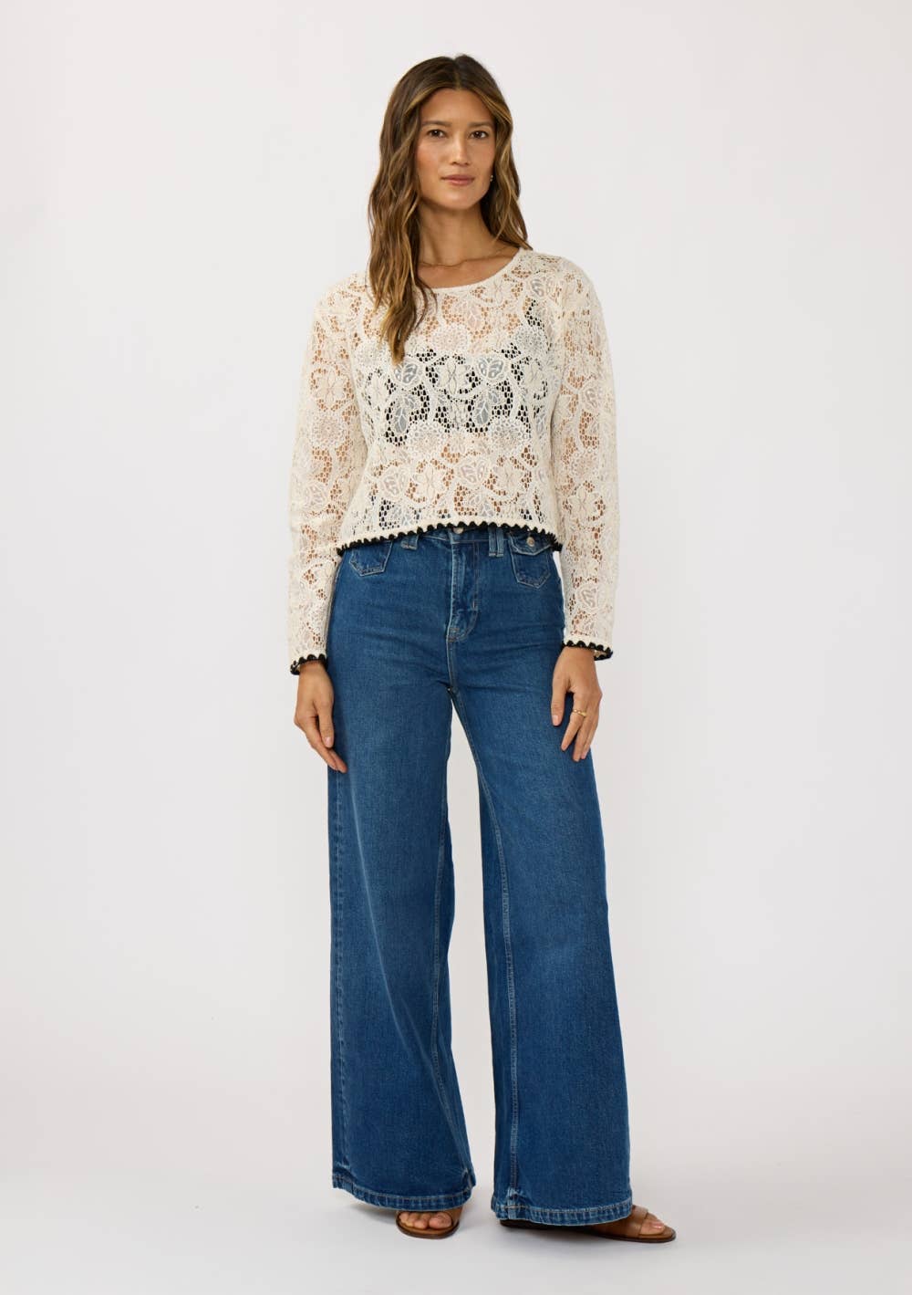 Lovestitch - Crewneck Lace Top with Contrast Hem