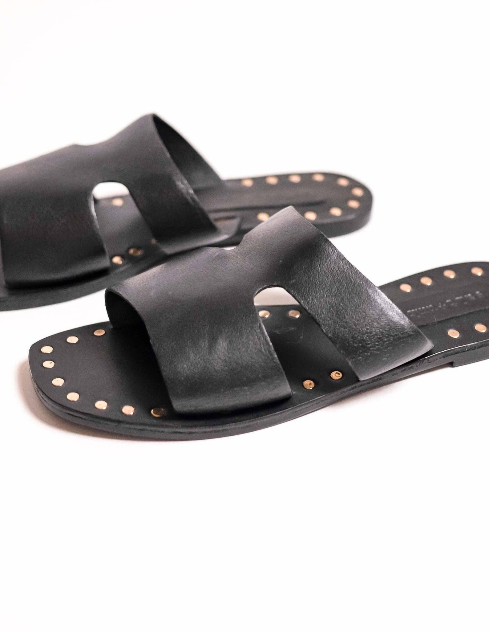 SALT + UMBER - LALA - BLACK upcycled leather sandal  studded square toe